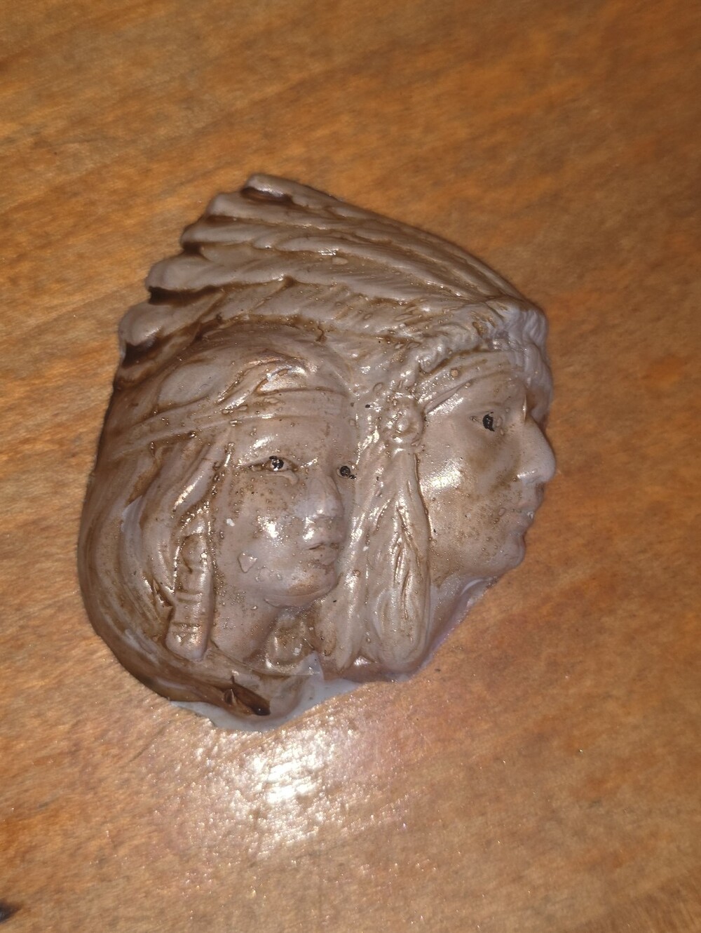 Native American Chief & Maiden Handpaintes Distressed Tan & Cream Brooch